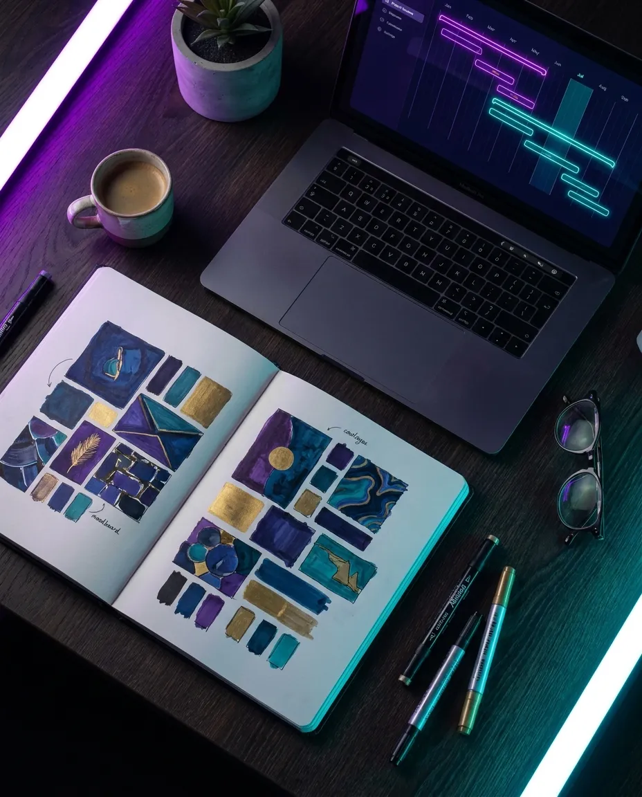 Moodboard, Skizzen und Projektplan auf einem Schreibtisch